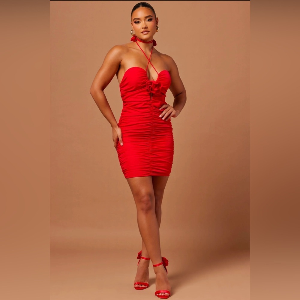 Fashion Nova Rayla Rose Ruched Mini Dress Size M Red